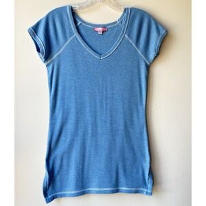 Energie V-Neck T-Shirt Top Large Blue Y2K Short Sleeved White Stitching Casual